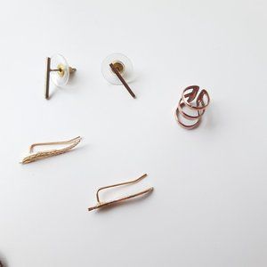 Gold earrings, Rose gold earcuff and short leather strap (Jewelry set)